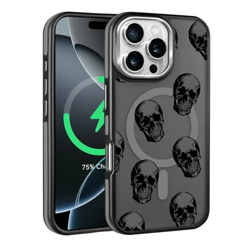 Kapadiy Magnetische Schutzhülle für iPhone 15 Pro Max, kompatibel mit Magsafe, Fallschutz, schlanke Schutzhülle aus Silikon, magnetische Handyhülle, Totenkopf, Gothic, Schwarz von Kapadiy