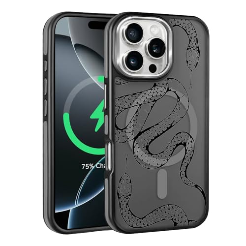 Kapadiy Magnetische Schutzhülle für iPhone 16 Plus, kompatibel mit Magsafe, Fallschutz, schlanke, magnetische Silikonhülle, Schwarz, cooler Schlangenprint von Kapadiy