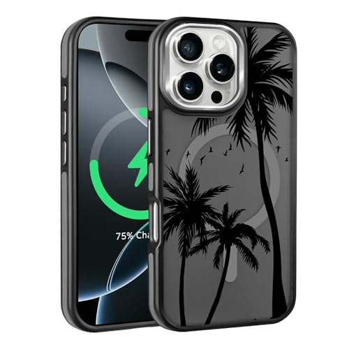 Kapadiy Magnetische Schutzhülle für iPhone 16 Pro, kompatibel mit Magsafe, Fallschutz, schlanke, schützende Silikonhülle, magnetische Handyhülle, schwarze Palme von Kapadiy