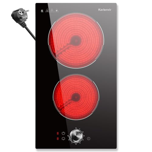Glaskeramikkochfeld 2 Platten, Knopf & Touch Control, 220-240V Keramikkochfeld mit Stecker, 2800W, 30cm Elektrokochfeld 2 Platten Arbeitsplatte & Einbau von Karienvir