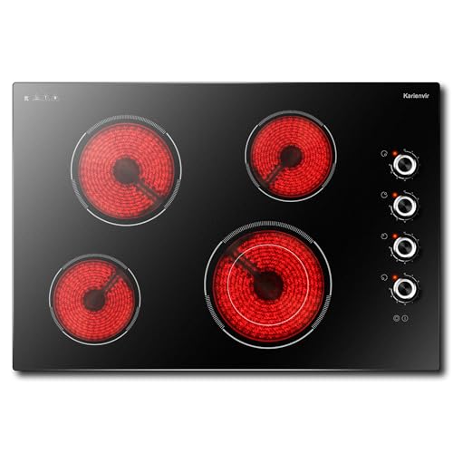 Karienvir Glaskeramikkochfeld 77cm 4 Platten 6700W, Keramikkochfeld mit Drehknopfsteuerung, Elektrokochfeld Eingebaut, Doppelter Ring Zone, 9 Heizstufen von Karienvir
