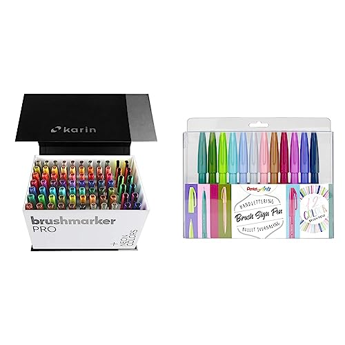 KARIN Mega Box PLUS - 72 Farben + 3 Blender, Brushmarker PRO & Pentel SES15C-12 Brush Sign Pen, Faserschreiber, pinselähnliche Spitze, 12 Stück, farblich sortiert von Karin