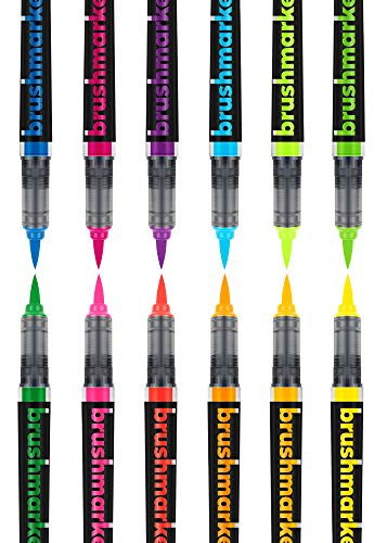 KARIN Neon Colors - 12 Brushmarker PRO mit Neon-Farben in transparentem Körper und Free-Ink System, 2, 4 ml Flüssiger Farbe. Kein Filzstiftmarker von Karin