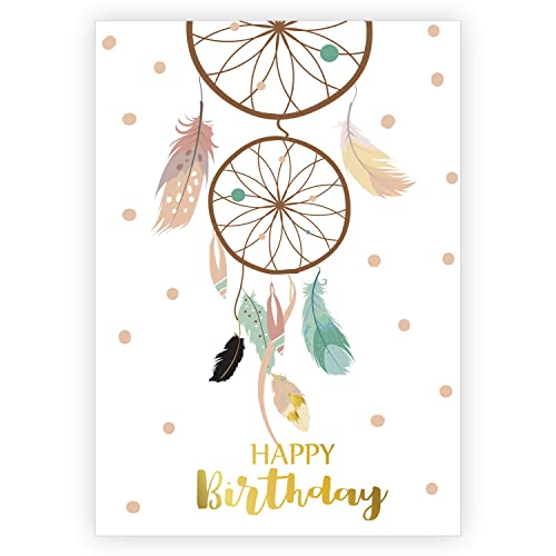 1 Boho Stil Geburtstagskarte mit Federn und Traumfänger: Happy Birthday als Glückwunsch Klappkarte zum Geburtstag, Grußkarte mit Umschlag von Kartenkaufrausch