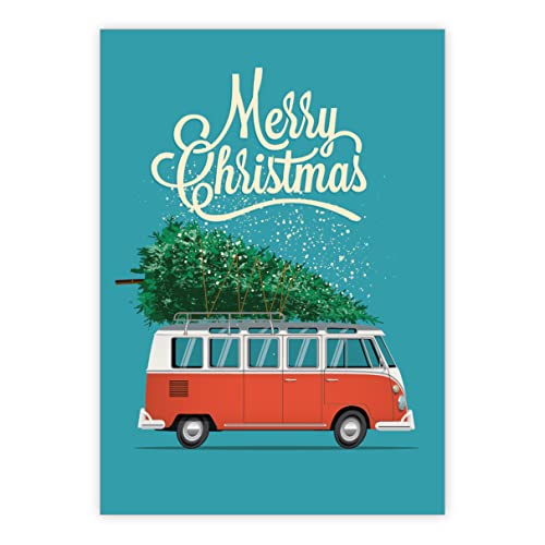 10 Glückwunschkarten: Vintage VW-Bus Weihnachtskarte für Bulli Freunde: Merry Christmas • als schöner Weihnachtsgruß mit Umschlag zu Neujahr, Silvester für Familie und Firma von Kartenkaufrausch