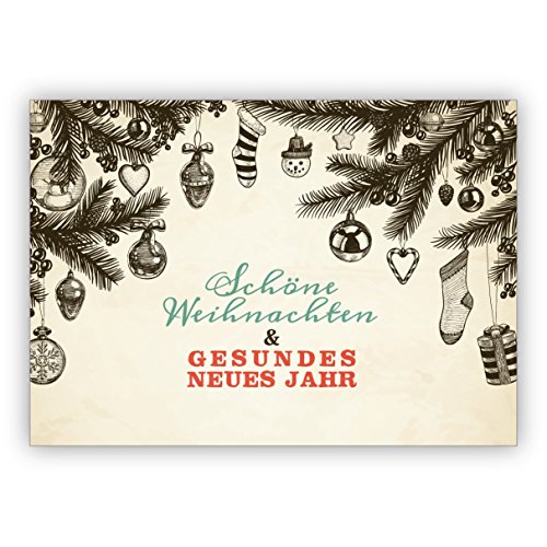 10 Stück Entzückende handgemalte Weihnachtskarte mit Vintage Ornamenten: Schöne Weihnachten & gesundes neues Jahr • Weihnachtsgrußkarten inkl Umschläge zu Neujahr, Silvester für Familie von Kartenkaufrausch