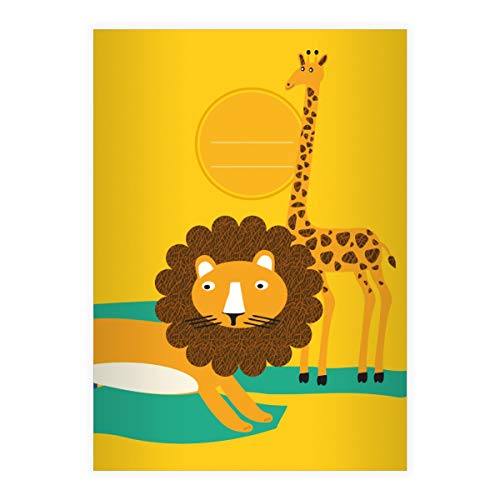 2 Retro Afrika Wildtier DIN A4 Schulhefte, Schreibhefte mit Löwe und Giraffe, gelb Lineatur 20 (blanko Heft 16 Blatt/32 Seiten) Notizheft, Kladde für Schule, Uni, Büro von Kartenkaufrausch