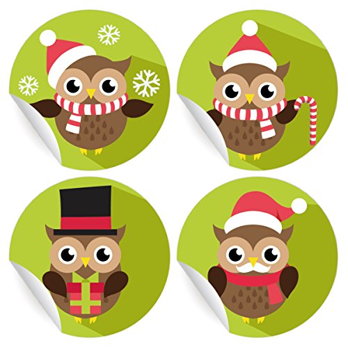 24 nette Weihnachts Aufkleber | runde Sticker mit niedlichen Eulen in verschiedenen Farben, MATTE universal Papieraufkleber runde Sticker selbstklebende Etiketten ø 45mm von Kartenkaufrausch