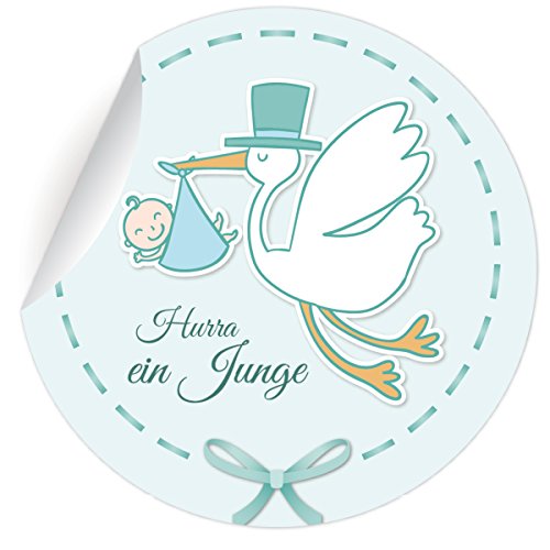 24 niedliche Baby Aufkleber | runde Sticker mit Storch"Hurra ein Junge", MATTE universal Papieraufkleber für Einladungen, Geschenke, runde selbstklebende Sticker ø 45mm von Kartenkaufrausch