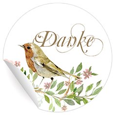 24 wunderschöne Dankes Aufkleber mit gemaltem Vogel auf weiß, MATTE universal Papieraufkleber für Einladungen, Geschenke, runde Sticker selbstklebende Etiketten ø 45mm von Kartenkaufrausch