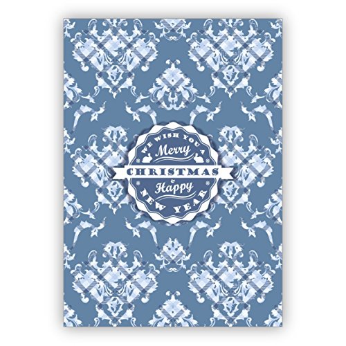 Kartenkaufrausch 1 Schöne blaue Retro Weihnachtskarte mit Umschlag: We wish you a merry christmas happy new year - frohe Weihnachtsgrüße mit Motiv zu Weihnachten von Kartenkaufrausch