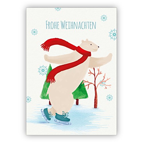 Kartenkaufrausch 1 Weihnachtsgruß: Gemalte Weihnachtskarte mit Schlittschuh laufendem Eisbär: Frohe Weihnachten • als weihnachtliche Grusskarte zum Jahreswechsel für Familie und Firma von Kartenkaufrausch