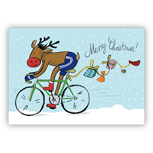 Kartenkaufrausch 16x Humorvolle Weihnachtskarte mit Fahrrad fahrendem Weihnachts Elch und Geschenken im Schnee • weihnachtliches Grußkarten zum Fest der Liebe für Familie und Freunde von Kartenkaufrausch