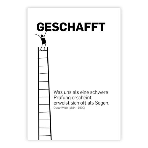 Kartenkaufrausch 1x Geschafft! Fröhliche Examens Glückwunschkarte mit Männchen auf Leiter mit Oscar Wilde Zitat • Gratulationskarten Set zum Bestehen von Prüfungen, Ausbildung mit Umschlägen von Kartenkaufrausch