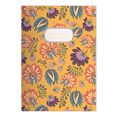 Kartenkaufrausch 4x Elegante florale DIN A5 Schulhefte, Schreibhefte mit üppigen Jugendstil Blüten in Gelb Lineatur 4 (liniertes Heft) von Kartenkaufrausch