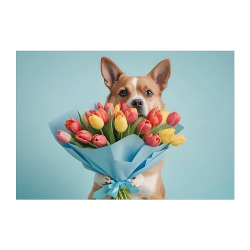 Kartenkaufrausch 4x Frühlings Grußkarte mit lustigem Hund der Tulpen überbringt von Kartenkaufrausch