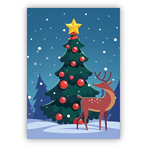 Kartenkaufrausch Edle Retro Weihnachtskarte mit Hirsch vor Weihnachtsbaum • als hübsche Klappkarte zu Weihnachten, Jahres-Ende für Familie und Firma von Kartenkaufrausch