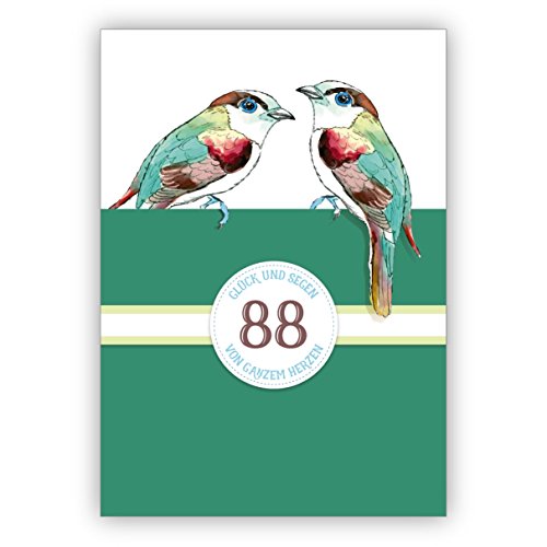 Kartenkaufrausch Edle klassische Geburtstag Grußkarte zum 88. Geburtstag mit Vögeln in grün: 88 Glück und Segen von ganzem Herzen • um zu gratulieren mit Umschlag von Kartenkaufrausch