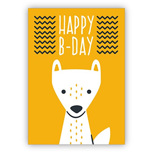 Kartenkaufrausch Geburtstagskarten Set 5 Stück: Süße gelbe Glückwunschkarte mit Umschlag mit kleinem Retro Fuchs auch zum Geburtstag: Happy B-Day von Kartenkaufrausch