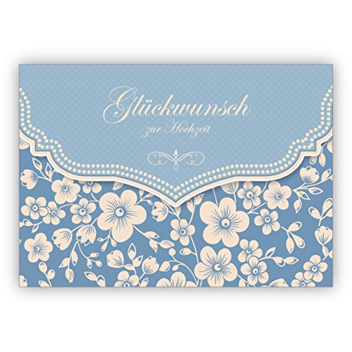 Kartenkaufrausch Hellblaue Vintage Hochzeitskarte mit Retro Kirschblüten Muster: Glückwunsch zur Hochzeit • hochwertige Glückwunsch Grußkarte für Standesamt, Trauung von Kartenkaufrausch