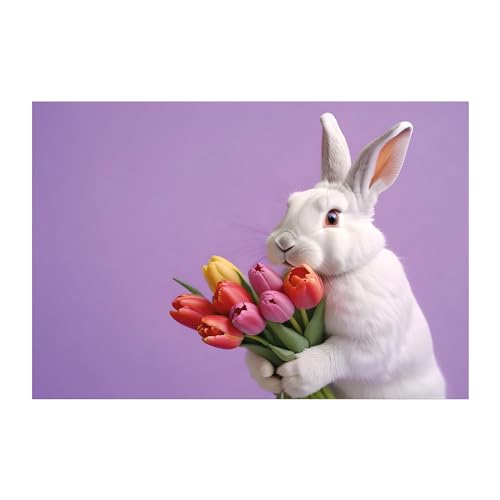 Kartenkaufrausch Lustige lila Glückwunschkarte mit Hase der Tulpen bringt - Osterkarte von Kartenkaufrausch