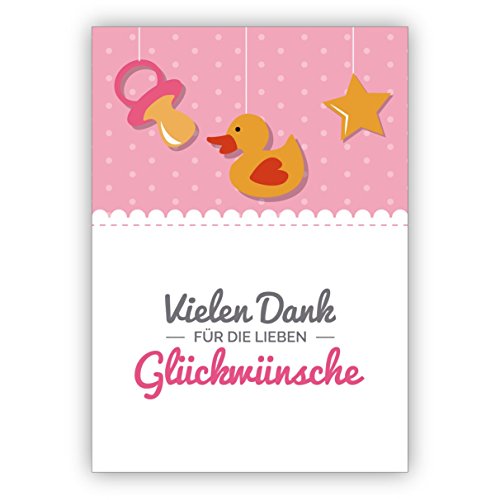 Kartenkaufrausch Süße, rosa Dankeskarte zur Geburt eine Babys mit Ente und Schnuller: Vielen Dank für die lieben Glückwünsche liebevolle Danksagung für die Glückwünsche Geschenke zur Geburt von Kartenkaufrausch