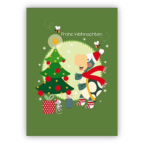 Kartenkaufrausch Süße grüne Weihnachtskarte mit Schildkröte vor Weihnachtsbaum: Frohe Weihnachten • als schöner Weihnachtsgruß zu Neujahr, Silvester für Familie und Firma von Kartenkaufrausch