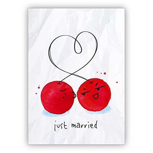 Lustige Hochzeitskarte mit Herz und küssenden Kirschen als Glückwunsch für das Brautpaar: just married • herzliche Glückwunsch Karte zur Trauung, zum Standesamt von Kartenkaufrausch