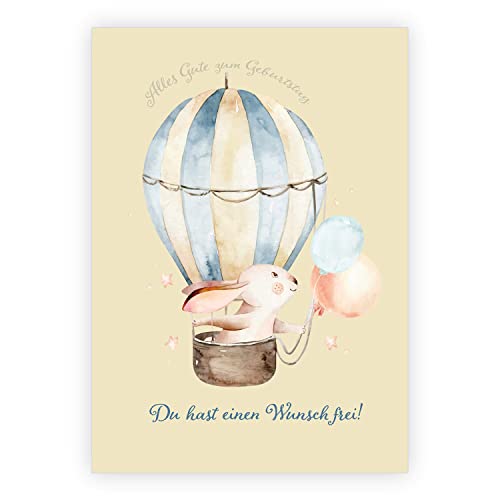 Süße Hasen Geburtstags Grußkarte mit Umschlag: Alles Gute zum Geburtstag. Du hast einen Wunsch frei! - helle Kinder Klappkarte mit Heißluftballon, um herzlich zu gratulieren. von Kartenkaufrausch