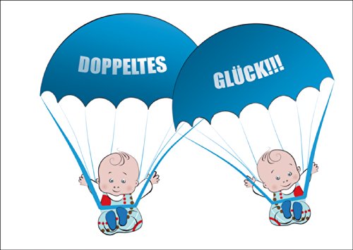 Süße Zwillings Babykarte/Glückwunsch Grußkarte zur Geburt von Zwillings Jungen mit blauen Babys an Fallschirmen: Doppeltes Glück!!! von Kartenkaufrausch