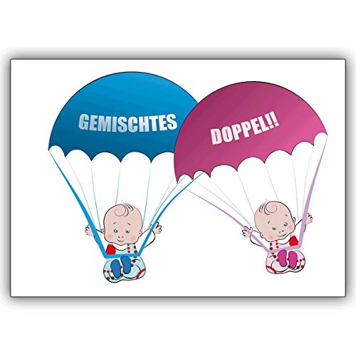 Süße Zwillings Babykarte/Glückwunsch Grußkarte zur Geburt von Zwillings Mädchen und Junge mit rosa und blauen Babys an Fallschirmen: Gemischtes Doppel!! von Kartenkaufrausch