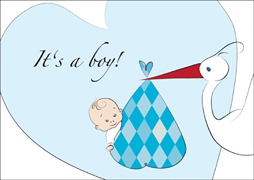 Tolle Geburtsanzeige Babykarte zur Geburt (Junge) mit vom Storch gebrachten Baby Bub und großem Herz: It's a boy! • Willkommens Karte, Anzeigen Grußkarte um ihr Baby zu feiern von Kartenkaufrausch