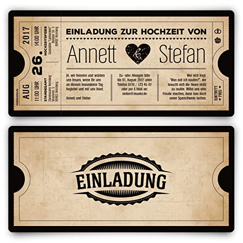 10 x Einladungskarten zur Hochzeit als Eintrittskarte Vintage Herz Retro Einladung Karte in Schwarz von Kartenmachen.de