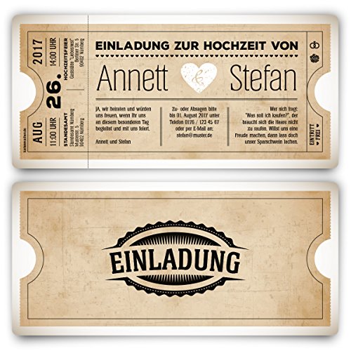 10 x Einladungskarten zur Hochzeit als Eintrittskarte Vintage Herz Retro Einladung Karte in Weiß von Kartenmachen.de