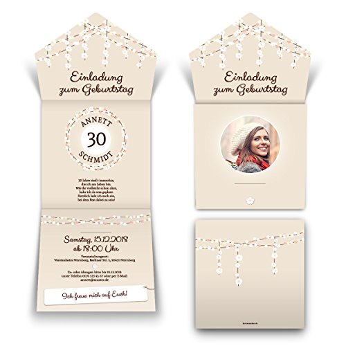 10 x Lasergeschnittene Geburtstag Einladungskarten Einladungen - Lichtgirlande Beige 10 x Lasergeschnittene Geburtstag Einladungskarten Einladungen - Lichtgirlande Beige von Kartenmachen.de