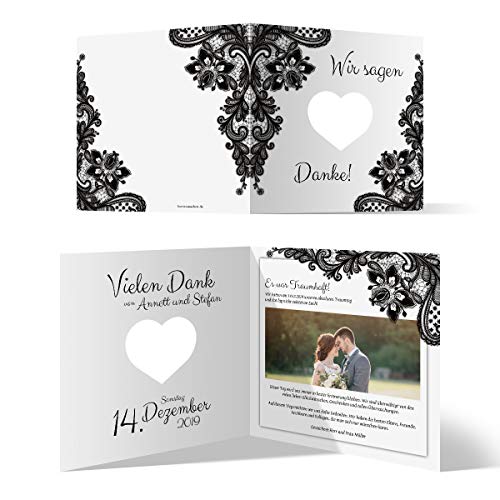 10 x Lasergeschnittene Hochzeit Dankeskarten Foto und Text individuell Herz lasergeschnitten - Rustikal Schwarz Weiß von Kartenmachen.de