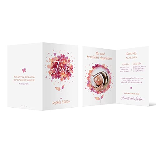 20 x Einladungskarten zur Taufe - Text und Foto einfach individuell selbst gestalten DIN A6 Klappkarten für Mädchen oder Jungen - Schmetterlingen Blume von Kartenmachen.de