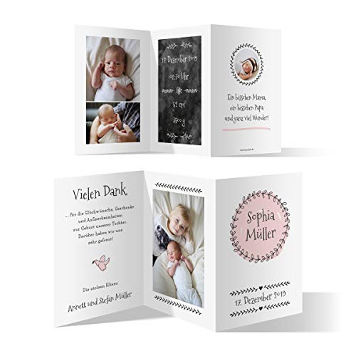 20 x Geburt Danksagungskarten Geburtskarten individuell mit Fotos und Text Wickelfalz DIN A6 - Geburtskranz von Kartenmachen.de
