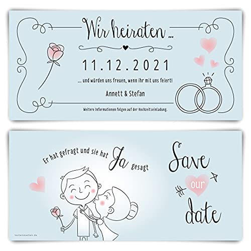 20 x Hochzeit Save the Date Karten personalisiert individuell DIN Lang - Küssendes Paar von Kartenmachen.de