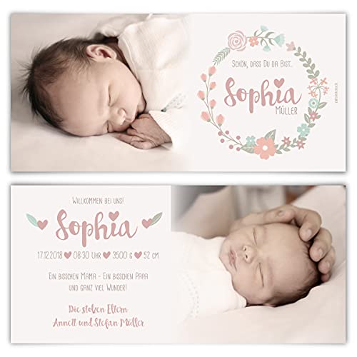 40 x Geburtskarten Babykarten individuell Fotos Text selbst gestalten Mädchen Junge Baby - Blumenkranz von Kartenmachen.de