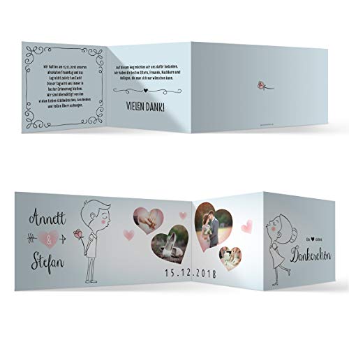 40 x Hochzeit Dankeskarten Danksagungskarten individuell mit Ihren Texten und Fotos Zickzack Klappkarte DIN Lang 99 x 210 mm - Küssendes Paar von Kartenmachen.de