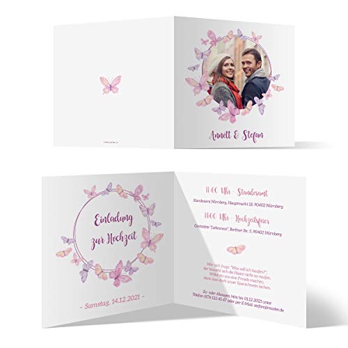 80 x Individuelle Hochzeitseinladungen quadratische Klappkarte Set mit Text und Foto selbst gestalten - Schmetterlinge von Kartenmachen.de