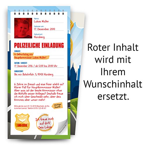 Einladungskarten Kinder (20 Stück) Geburtstag als Polizei Notizblock Vorladung Einladung von Kartenmachen.de