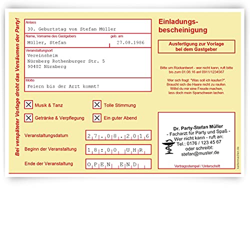 Einladungskarten zum Geburtstag (10 Stück) als Krankschreibung Krankmeldung Arbeitsunfähigkeit Karte von Kartenmachen.de