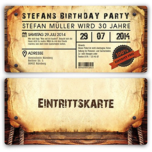 Einladungskarten zum Geburtstag (30 Stück) als Eintrittskarte im Vintage-Look Ticket Karte Einladung von Kartenmachen.de