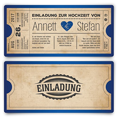 Einladungskarten zur Hochzeit (10 Stück) als Eintrittskarte Vintage Herz Retro Einladung Karte in Blau von Kartenmachen.de