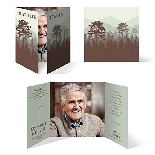 Individuelle Trauerkarten (40 Stück) Einladung Trauerfeier Karten - stiller Wald in Grün und Braun von Kartenmachen.de