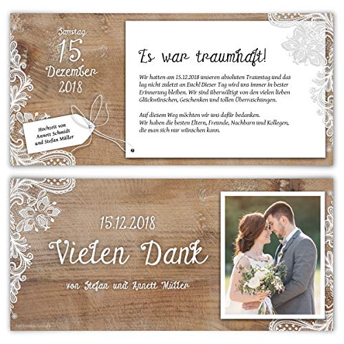 Kartenmachen.de 10 x Hochzeit Dankeskarten Danksagungskarten individuell mit Ihrem Text und Foto DIN Lang 99 x 210 mm - Rustikal mit weißer Spitze von Kartenmachen.de