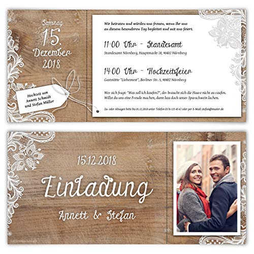 Kartenmachen.de 10 x Hochzeitseinladungen individuell mit Ihrem Text und Foto mit echtem Abriss als DIN Lang Ticket 99 x 210 mm - Rustikal mit weißer Spitze von Kartenmachen.de