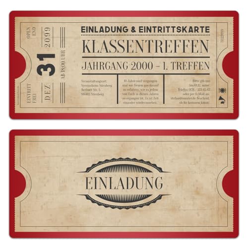 Kartenmachen.de 10 x Klassentreffen Einladungskarten individueller Text DIN Lang mit Abriss - Vintage Ticket in Rot Kartenmachen.de 10 x Klassentreffen Einladungskarten individueller Text DIN Lang mit Abriss - Vintage Ticket in Rot von Kartenmachen.de
